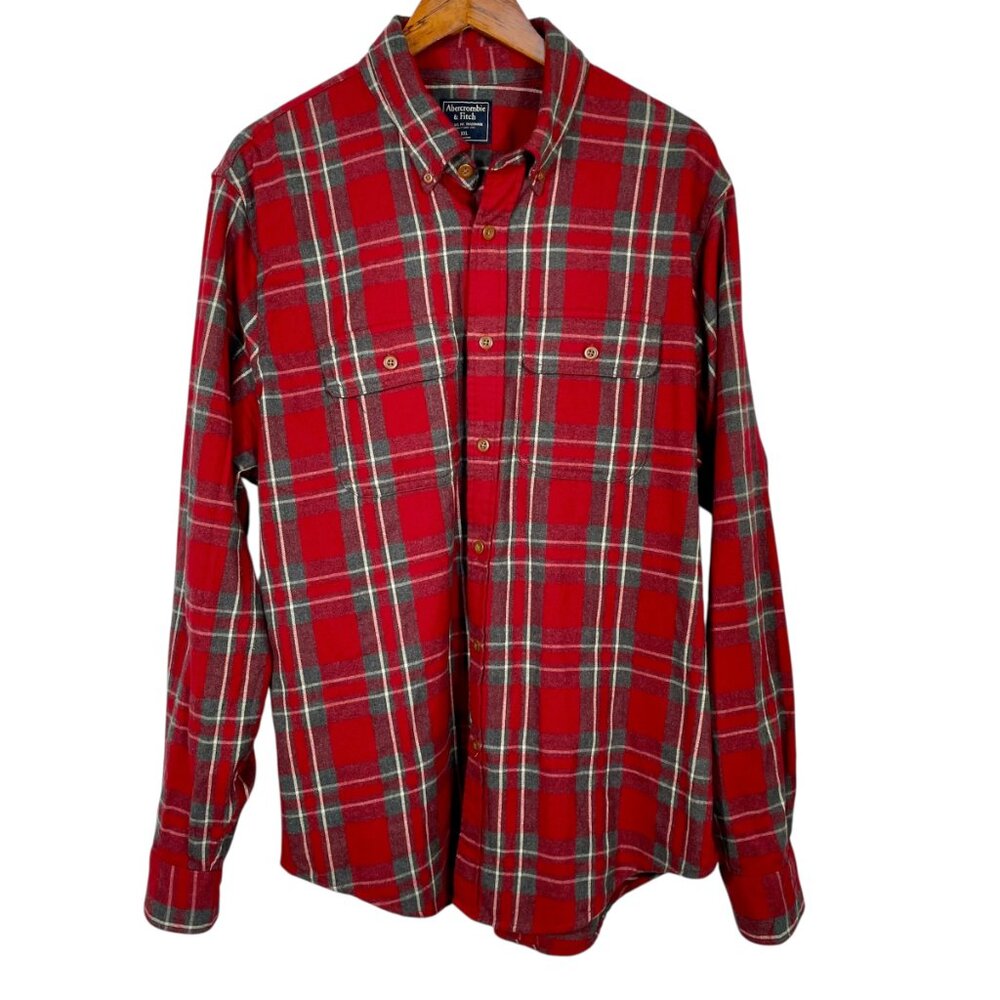 Abercrombie & Fitch 100% Cotton Red Gray Plaid Flannel Button Down Men’s XXL - Picture 2 of 15